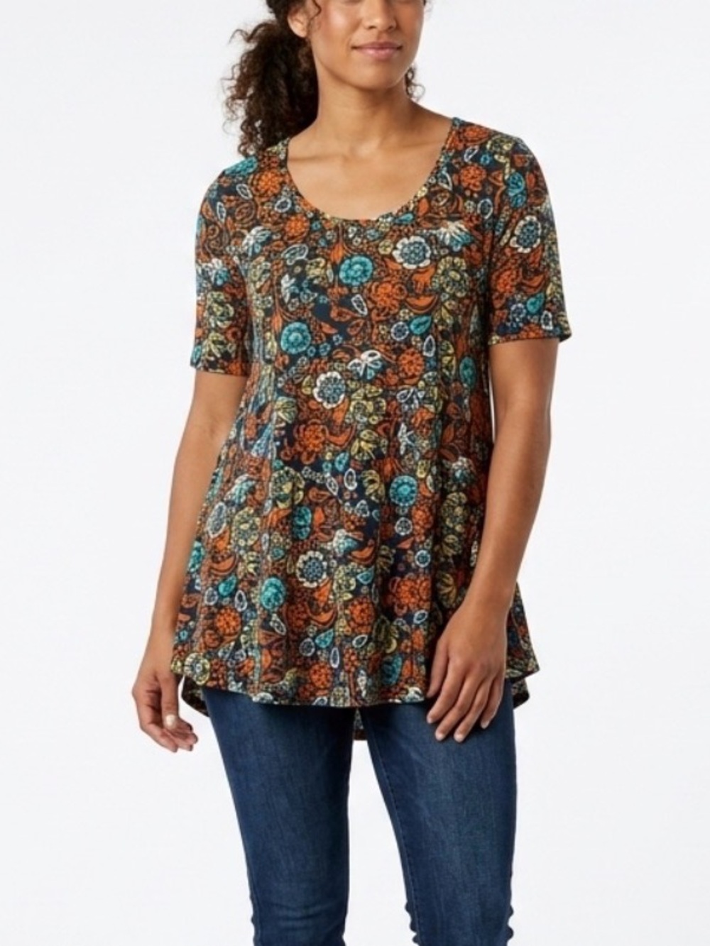 LuLaRoe Tunic Top Womens Large Floral Geometric Short Sleeve Scoop Neck Stretch